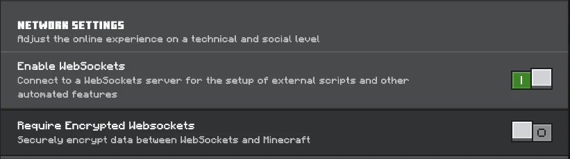 تصویر رسمی تنظیمات شبکه؛ گزینهٔ Enable WebSockets روشن و Require Encrypted Websockets خاموش است